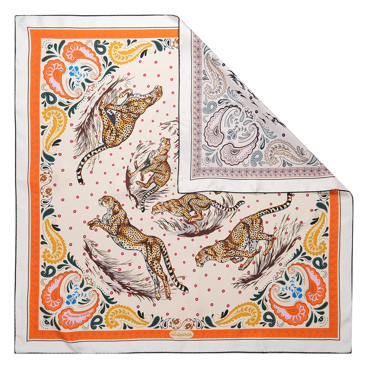 Hermès Guepards Bandana double face scarf 90 (crème / orange / brun)