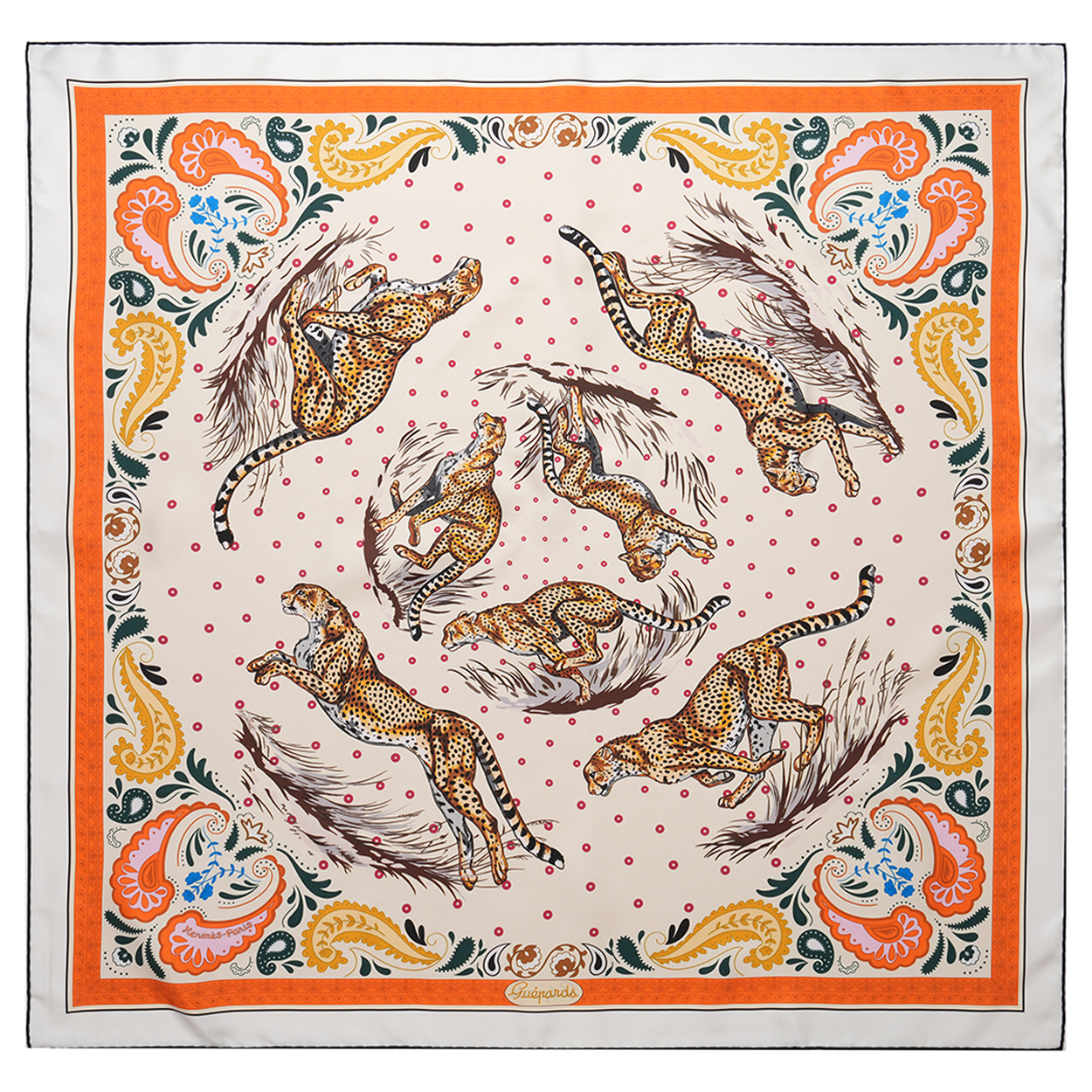 Hermès Guepards Bandana double face scarf 90 (crème / orange / brun)