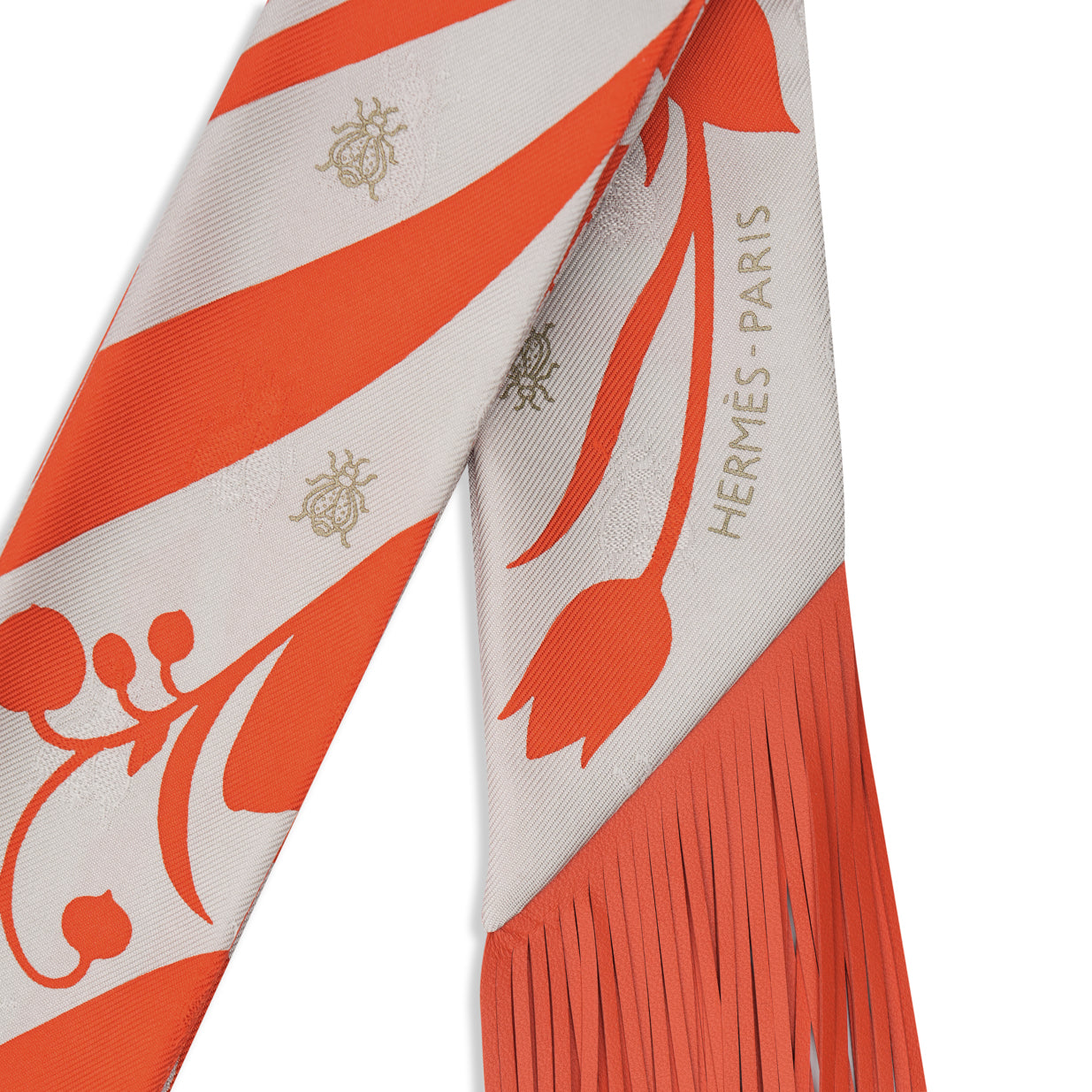 Hermès Bouquet Final Leather Fringe Twilly - Gris Perle/Vermillon
