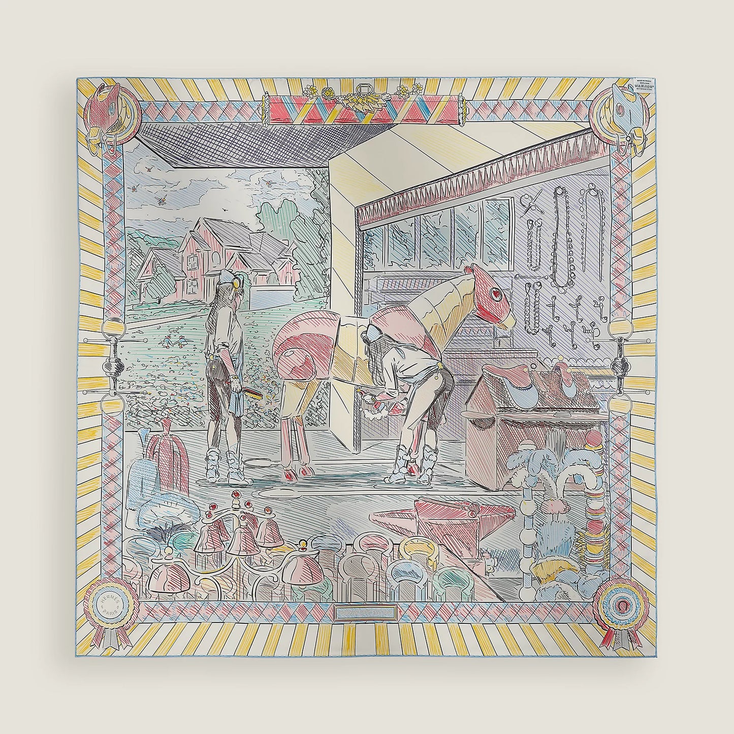 Hermès Carré 90 double face Pony Pit Stop, Jaune / Rose / Multicolore