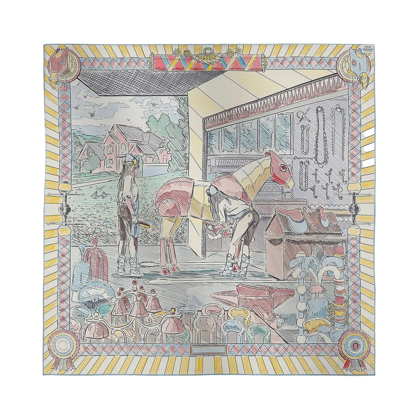 Hermès Carré 90 Double Face Pony Pit Stop - Jaune/Rose/Multicolore