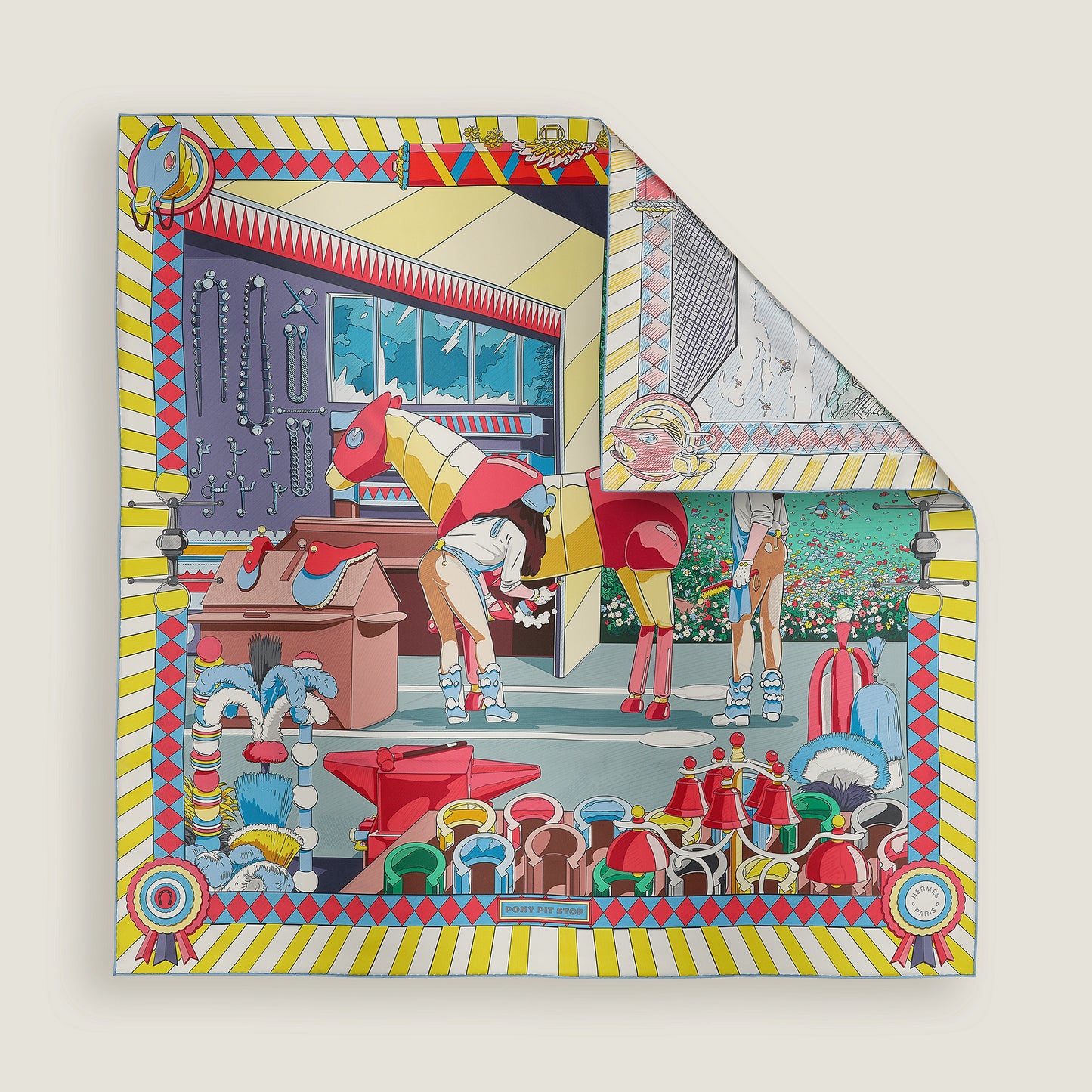 Hermès Carré 90 double face Pony Pit Stop, Jaune / Rose / Multicolore