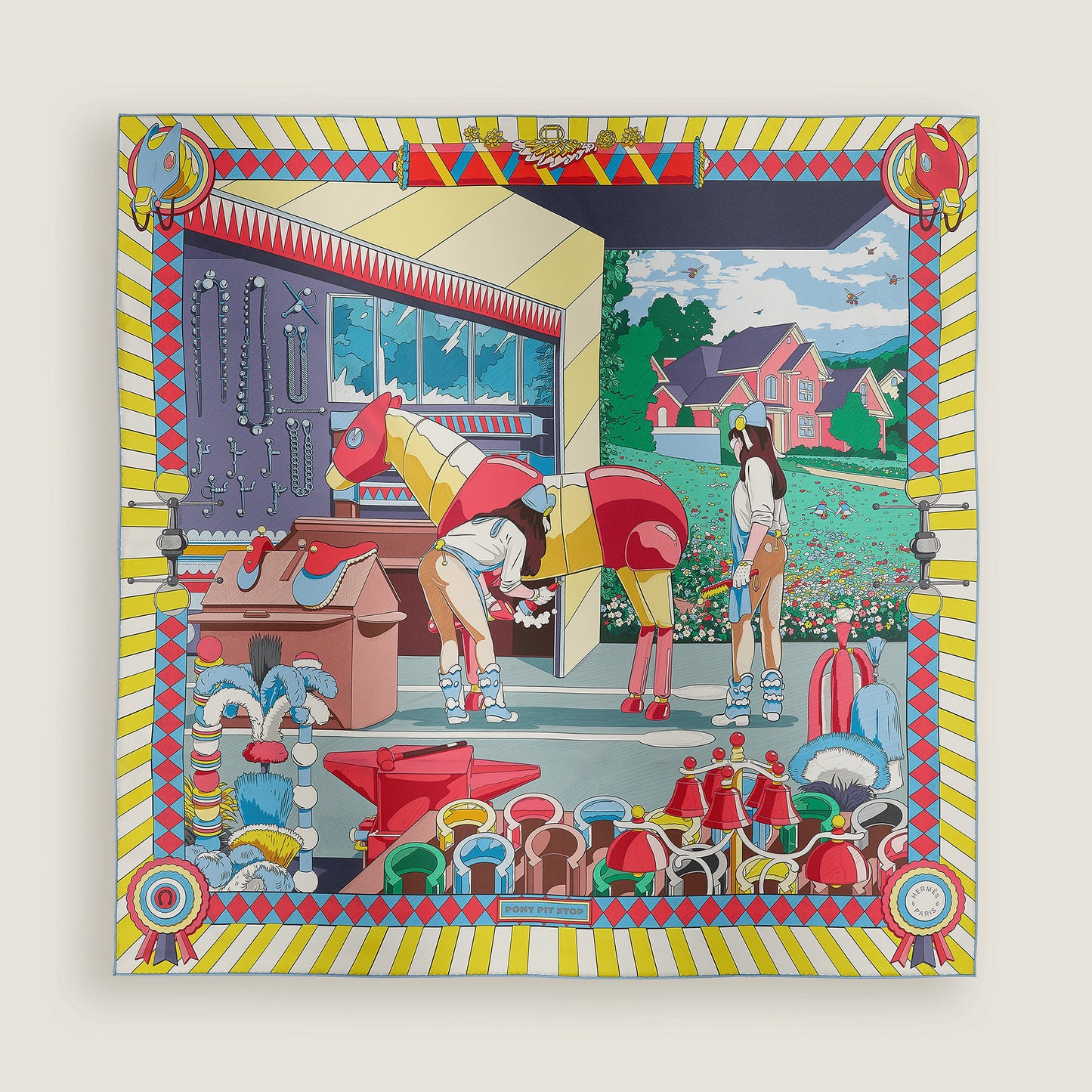 Hermès Carré 90 double face Pony Pit Stop, Jaune / Rose / Multicolore