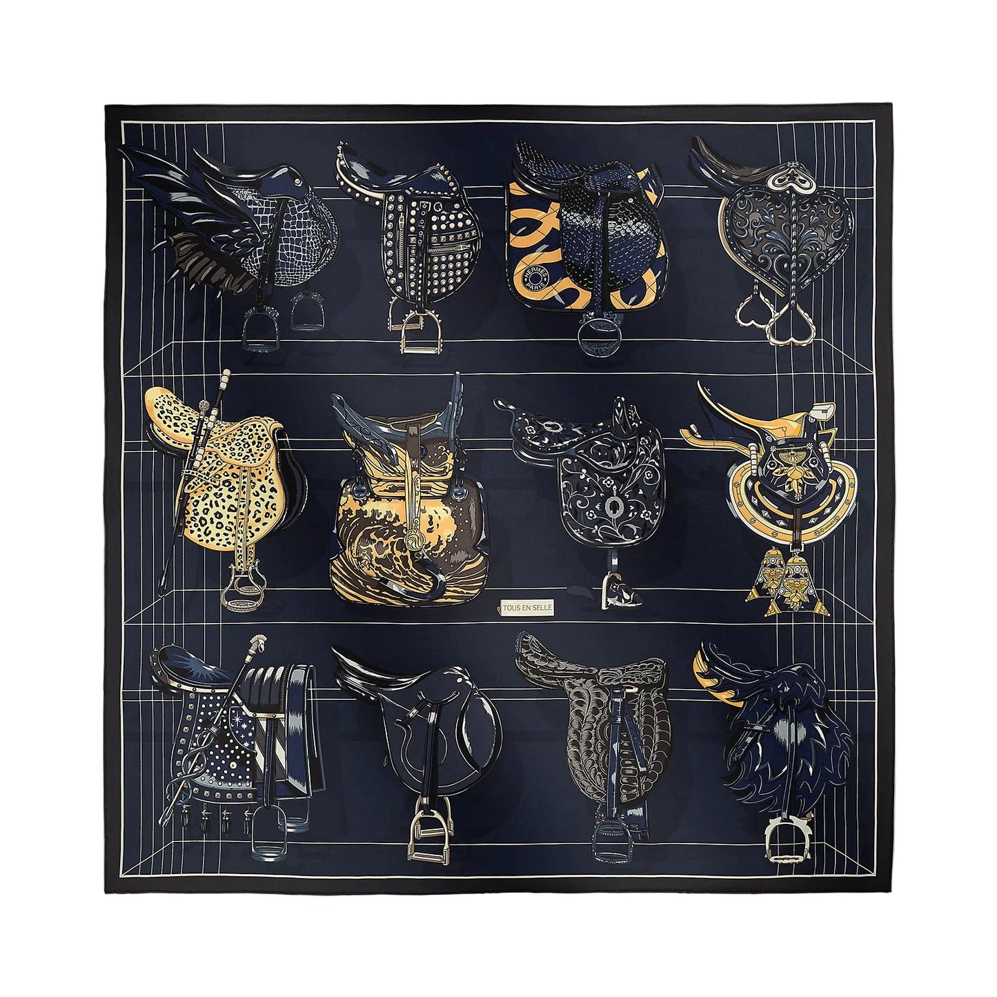 Hermès Tous en Selle embroidered scarf 90