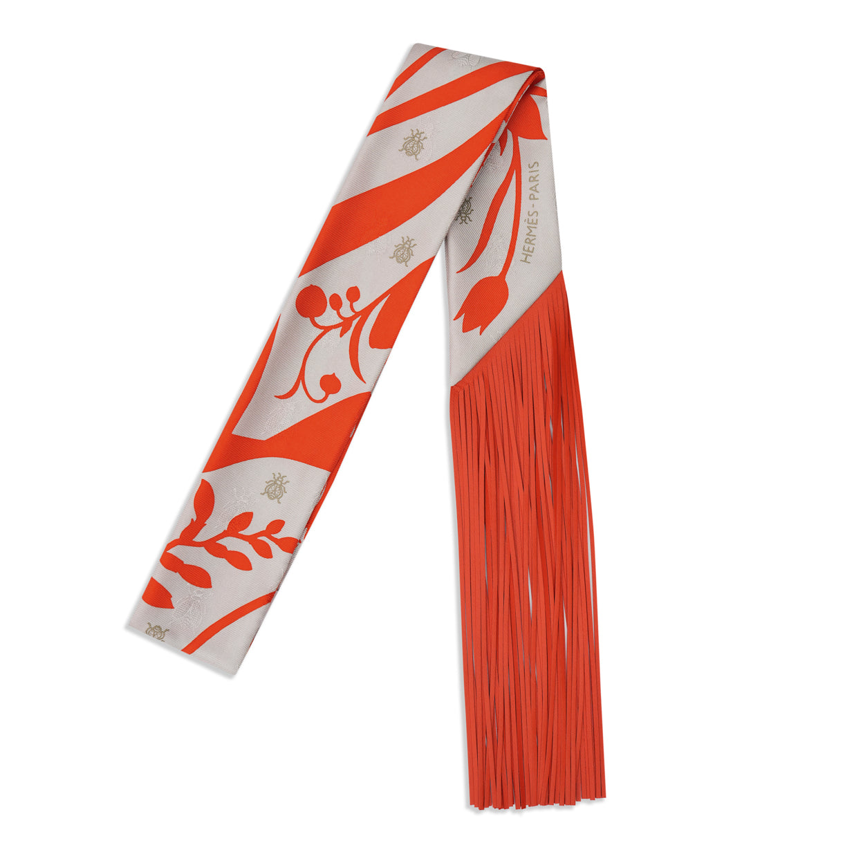 Hermès Bouquet Final Leather Fringe Twilly - Gris Perle/Vermillon