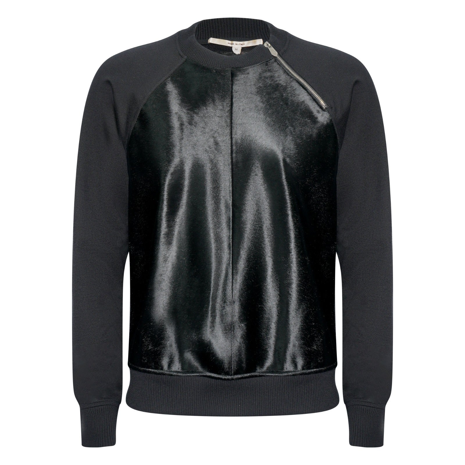 Hermès Black Crewneck Sweatshirt With Fur/Calf Hair Panel & Zipper (M)
