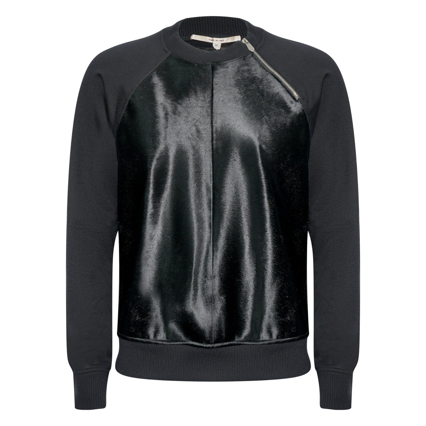 Hermès Black Crewneck Sweatshirt With Fur/Calf Hair Panel & Zipper (M)