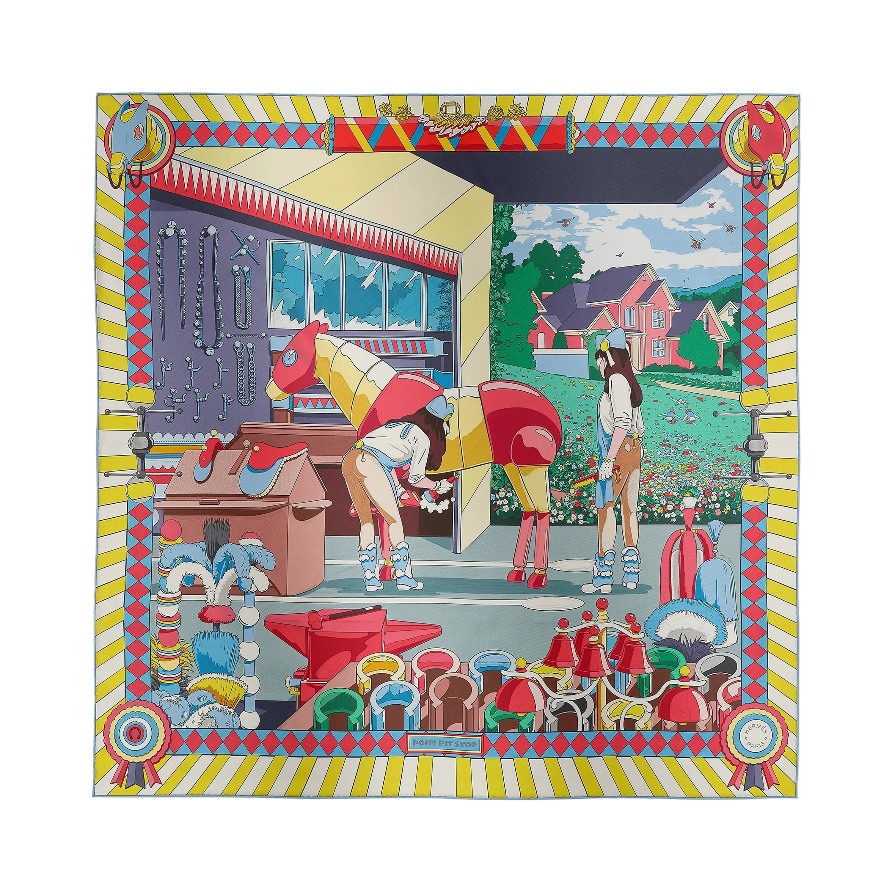 Hermès Carré 90 Double Face Pony Pit Stop - Jaune/Rose/Multicolore
