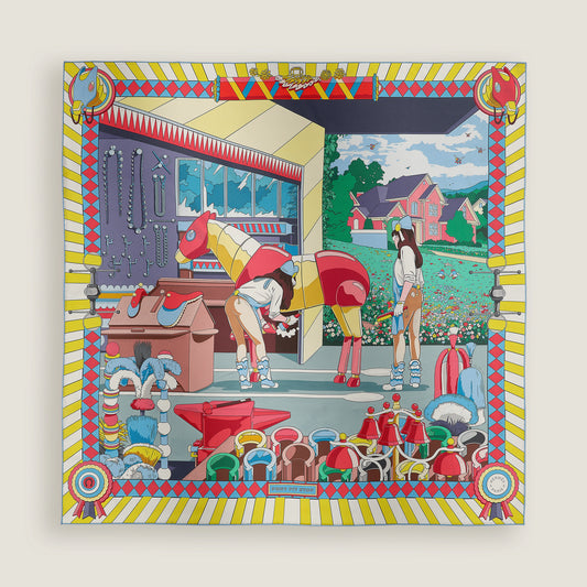 Hermès Carré 90 double face Pony Pit Stop, Jaune / Rose / Multicolore