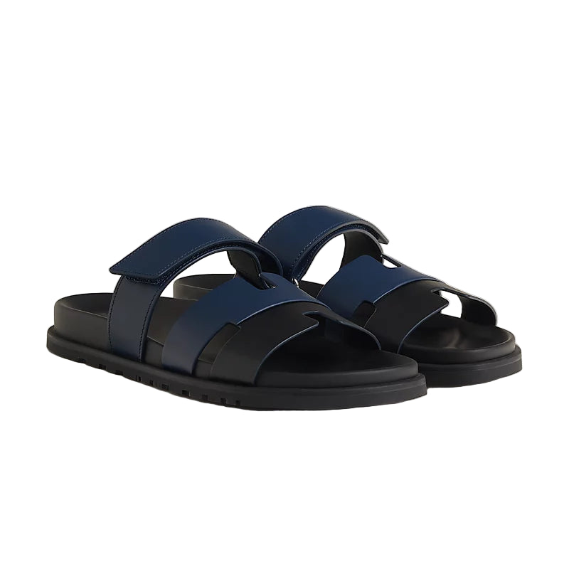Hermès Chypre Sandal - Bleu Obsur/Noir/Calfskin (45)