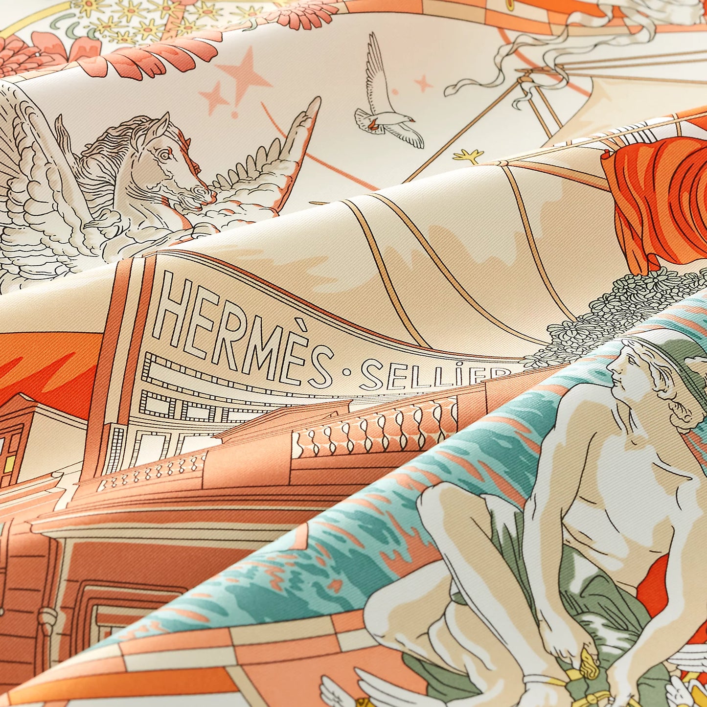 Hermès Flagship scarf 90 Crème / Orange / Vert Argile
