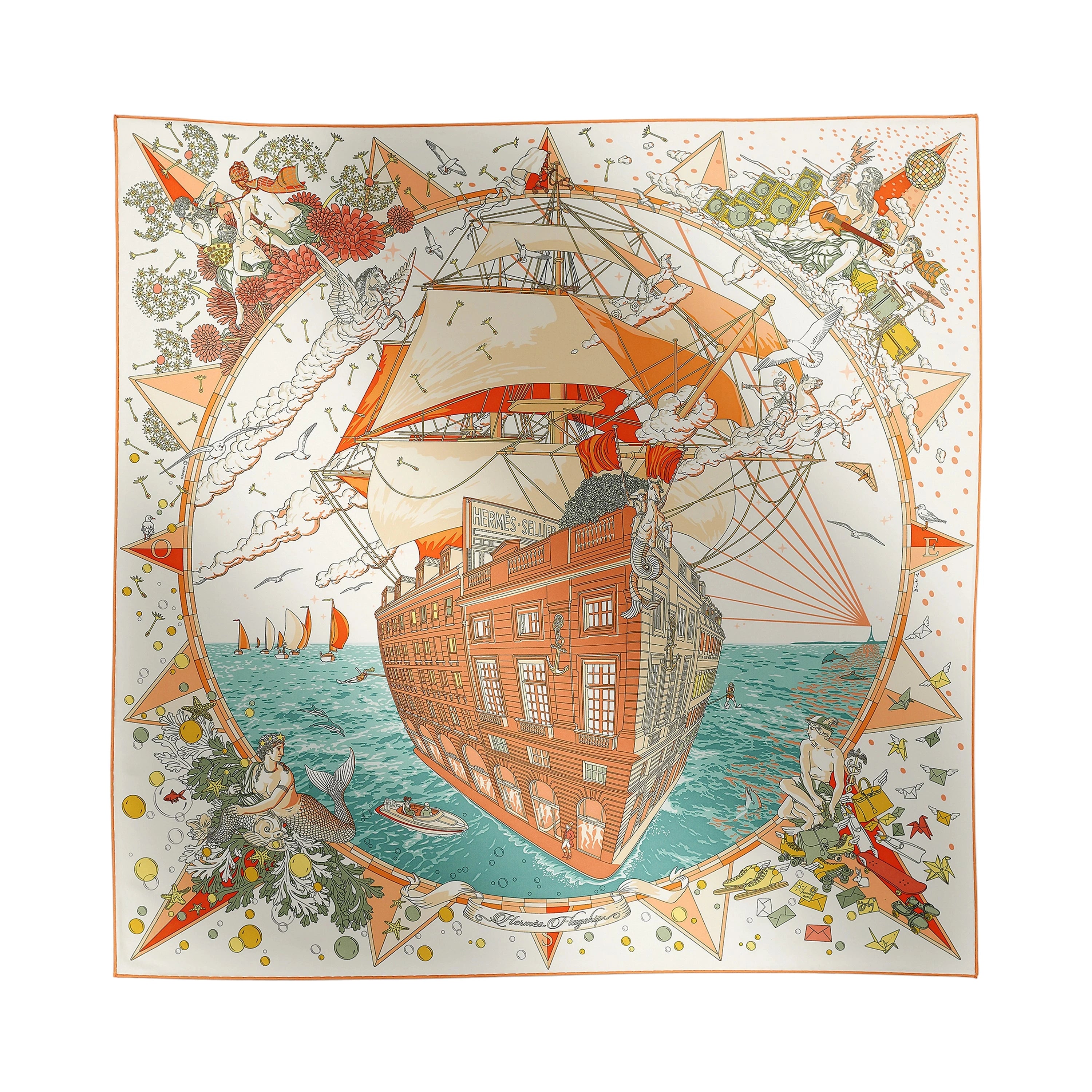 Hermès Flagship Scarf 90 - Crème/Orange/Vert Argile