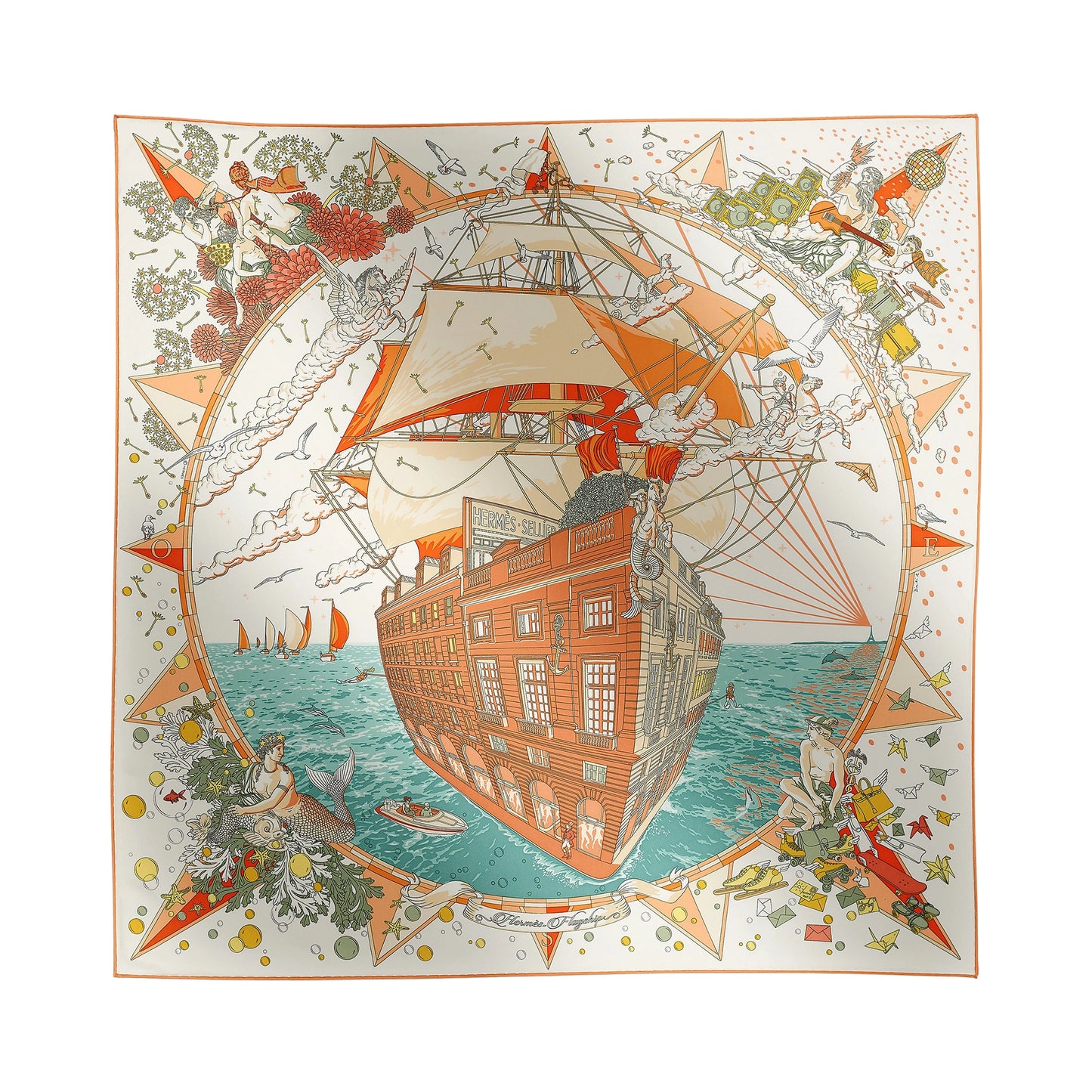 Hermès Flagship scarf 90 Crème / Orange / Vert Argile